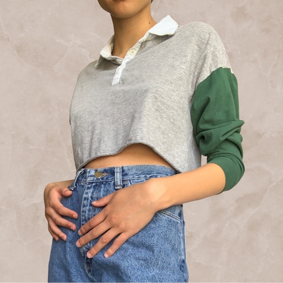 Color Block Cropped Long Sleeve Shirt With Collar - Picture 1 of 4